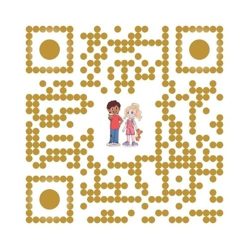 Gold QR code linking to Joanne Bieler Linktree with Ethan and Abby characters