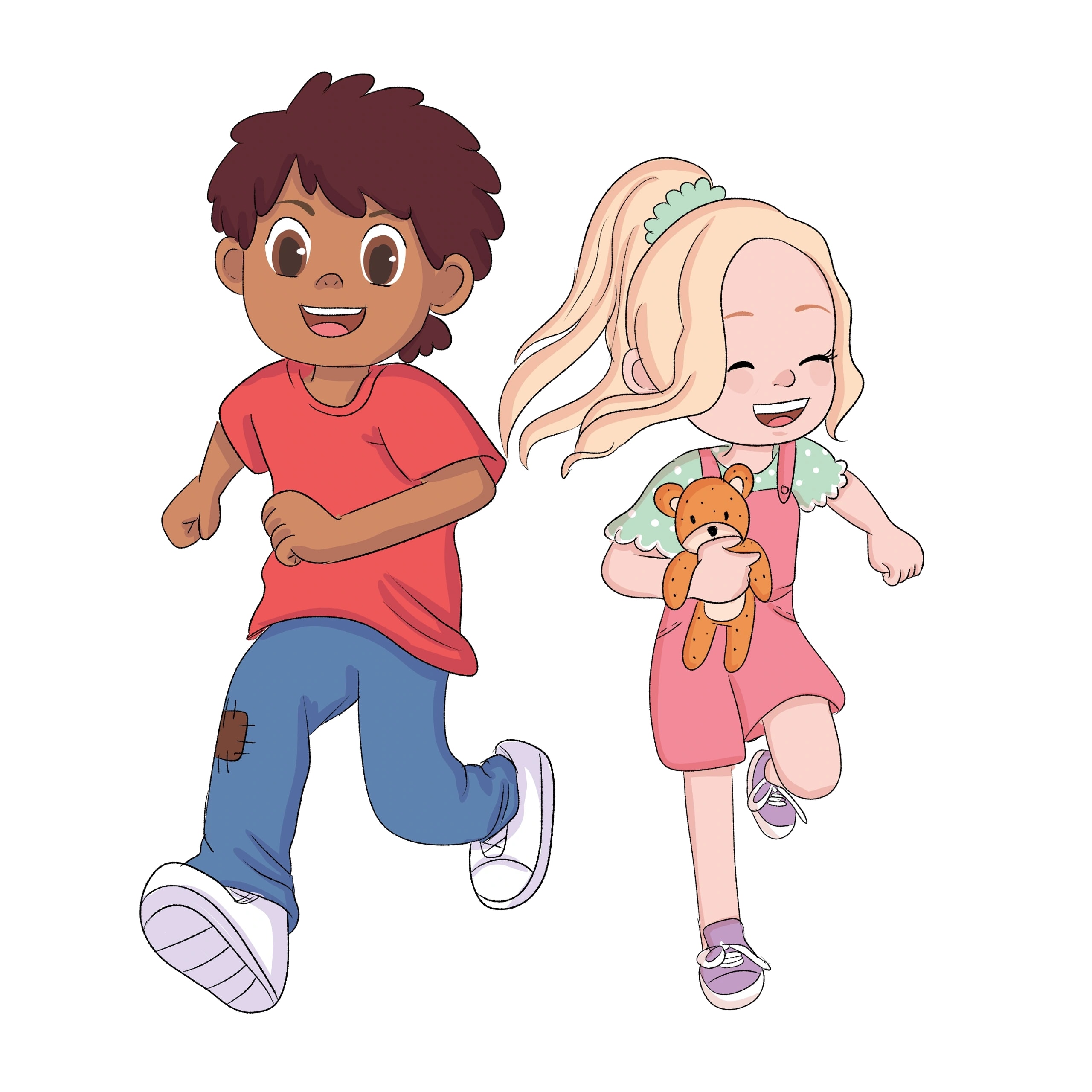 Illustration of Ethan and Abby cartoon characters running joyfully — Faith Adventures Book 2