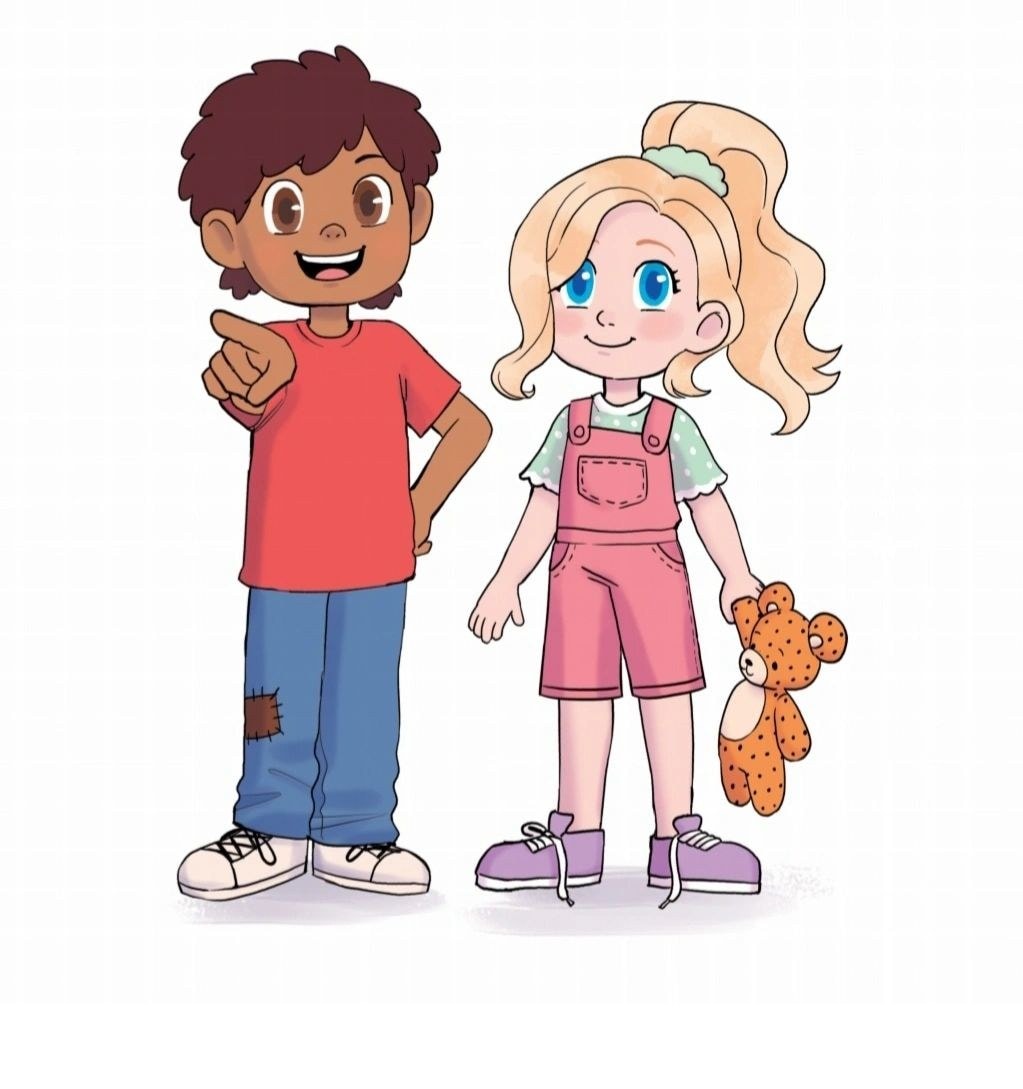 Ethan and Abby cartoon character illustration — boy in red shirt and girl in pink overalls with teddy bear
